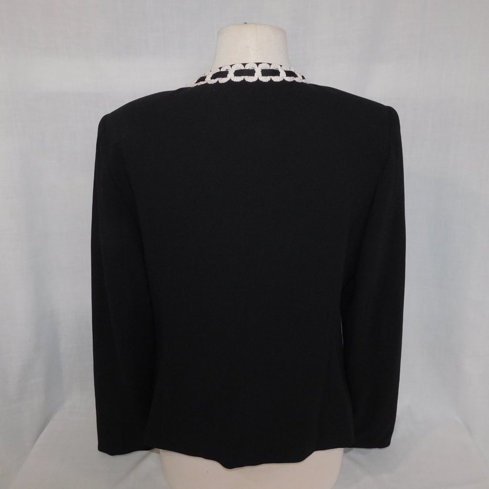 Bob Mackie Studio Womens 10 Black Open Lined Blazer with White braided Trim - Picture 7 of 9